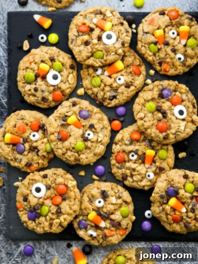 Ghoulish Halloween Cookie Delights 16 halloween monster cookies filled with candy on a black tray
