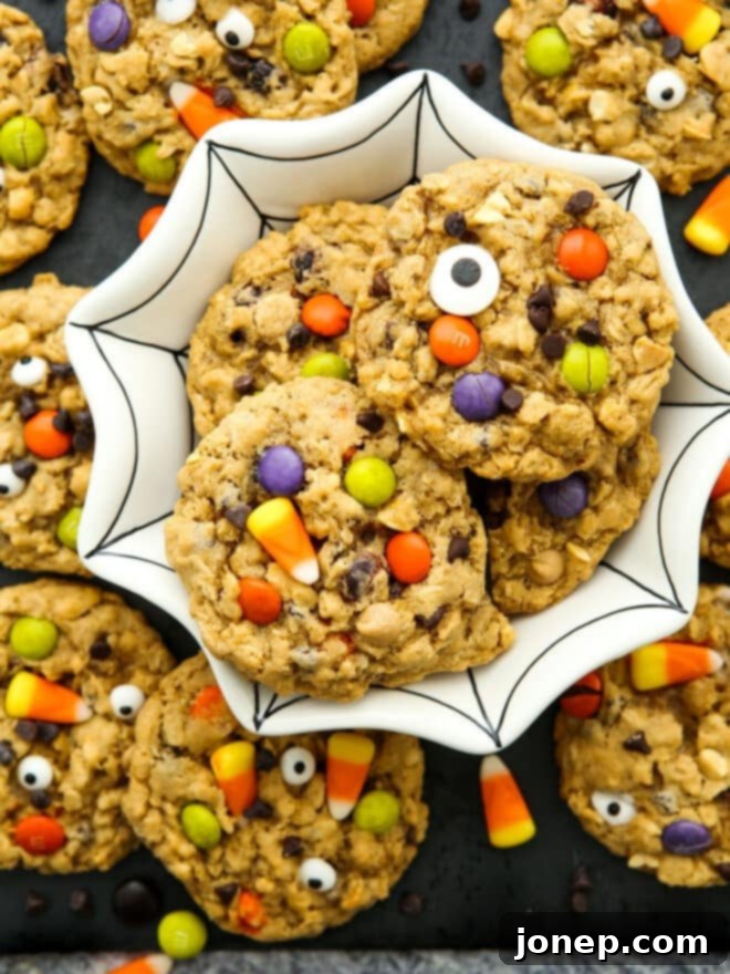 Ghoulish Halloween Cookie Delights 3 halloween monster cookies in a spiderweb bowl