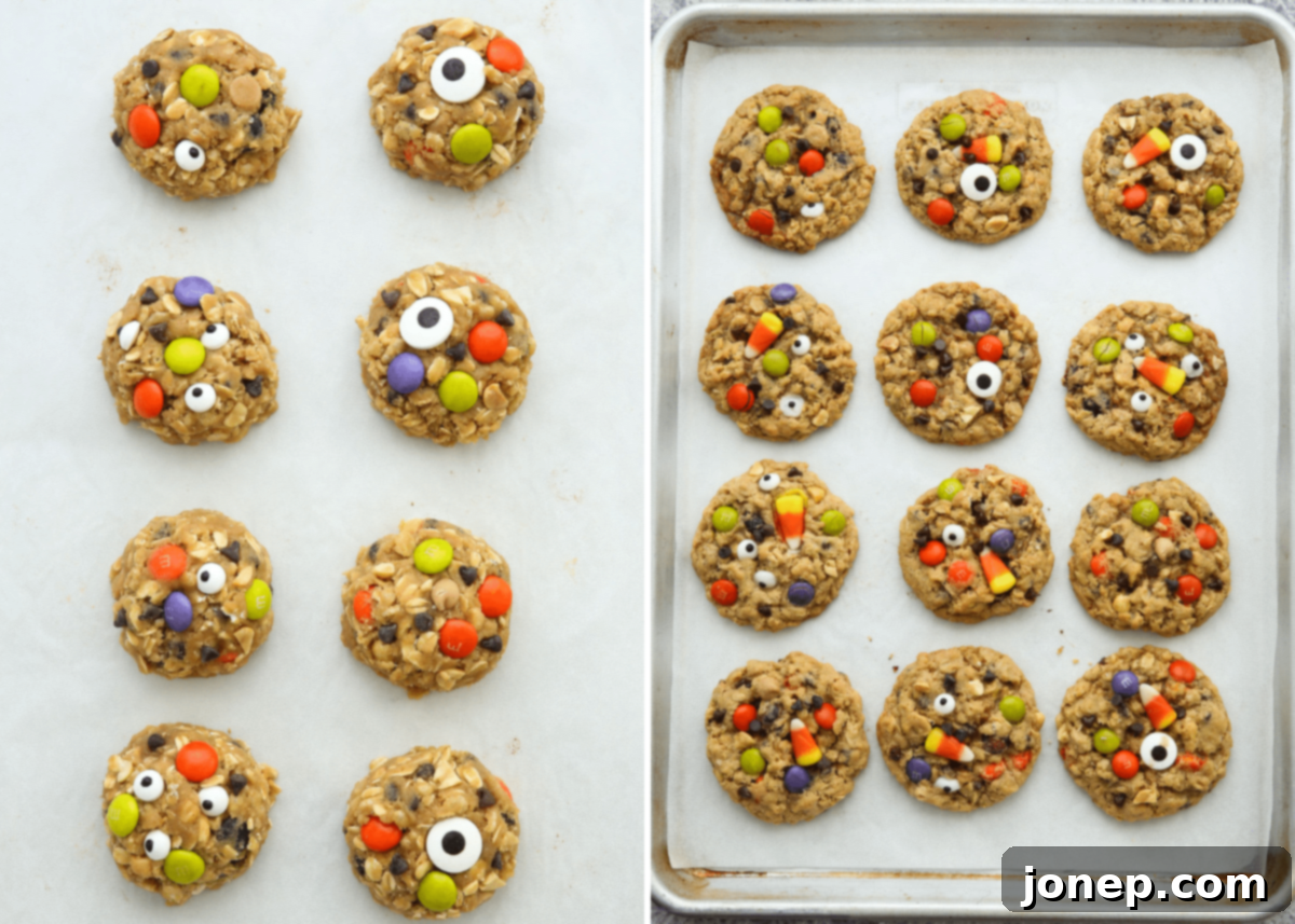 Ghoulish Halloween Cookie Delights 6 halloween monster cookies before and after baking