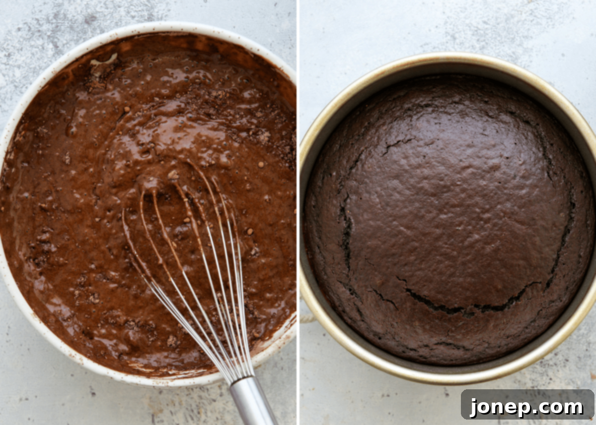 whisking cake baker; baked chocolate olive oil cake in pan