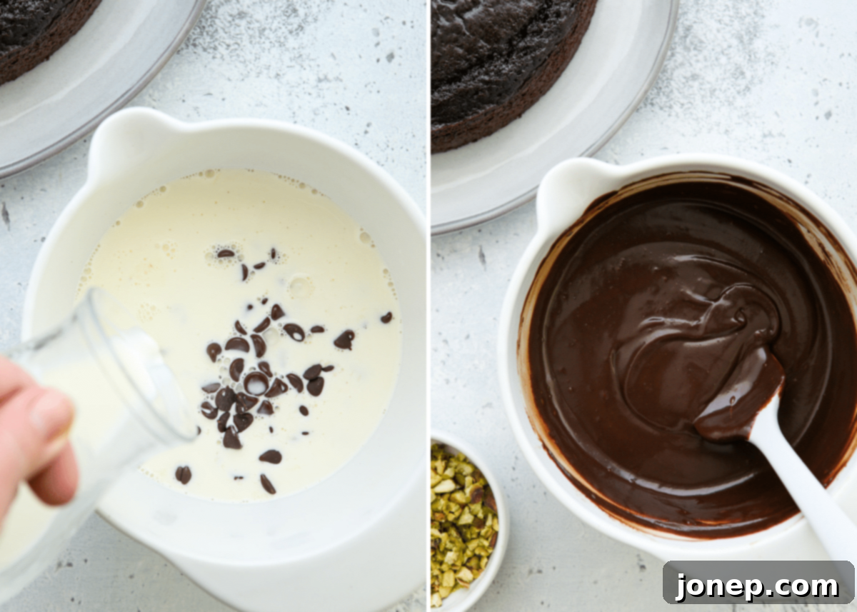 making chocolate ganache in white bowl