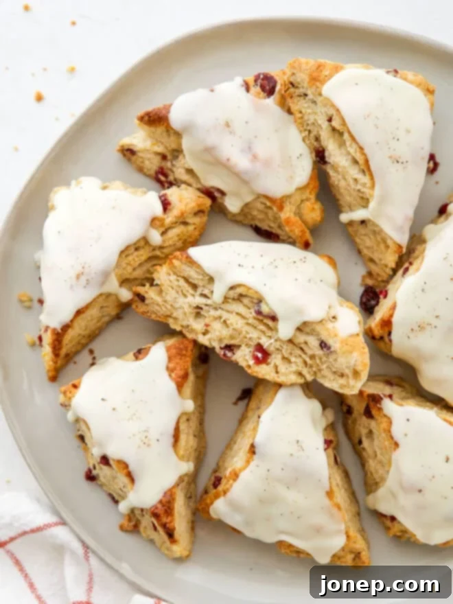 Eggnog Cranberry Scones
Festive Cranberry Eggnog Scones 2 Closeup of eggnog scones on a platter, showcasing their golden crust and cranberry filling.