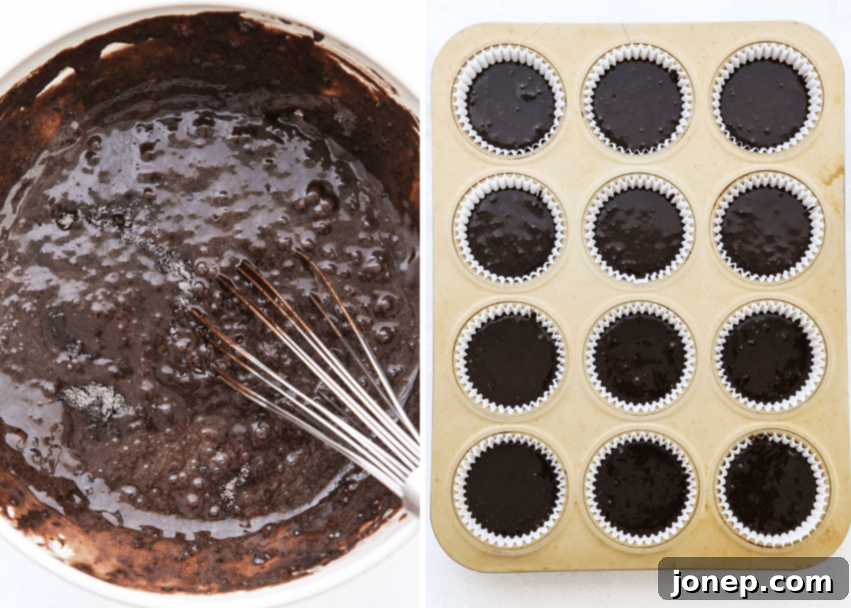 Oreo Bliss Bites 6 Mixing cupcake batter and filling a muffin pan with the batter.