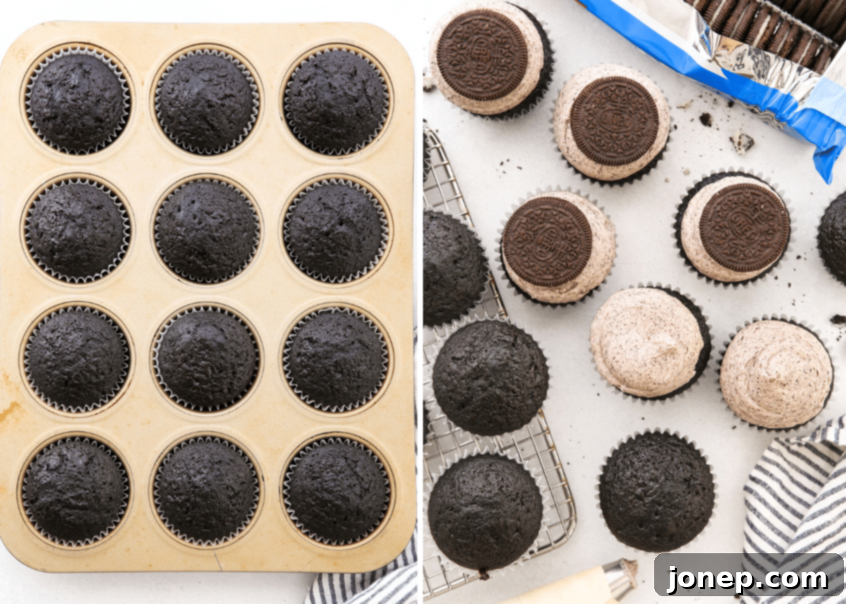 Oreo Bliss Bites 8 Baked cupcakes being frosted with the creamy Oreo frosting, ready for topping with Oreos.