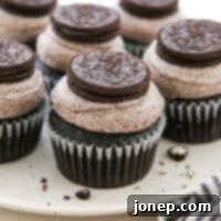 Oreo Bliss Bites 10 Oreo cupcakes on a platter for serving, a close-up of the finished product.