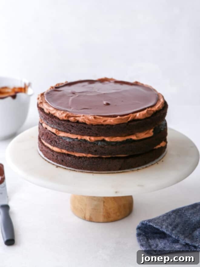 Image of a chocolate fudge layer cake being assembled, showcasing its rich layers and decadent frosting.