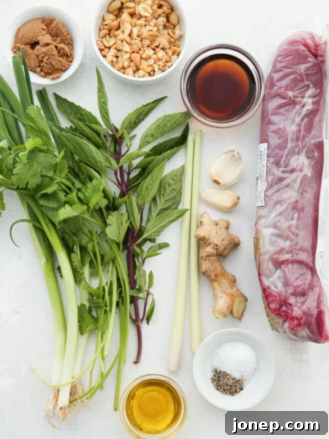 All the essential ingredients for making Thai lemongrass pork, beautifully arranged for visual appeal.