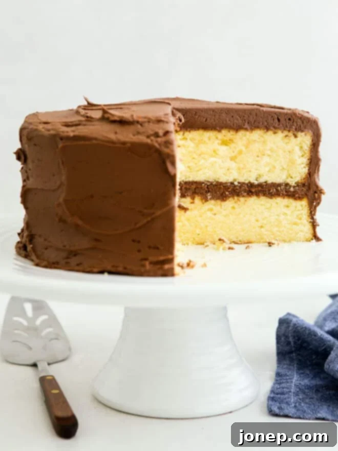 Ten Steps to Cake-Baking Bliss 2 Delicious yellow cake with rich chocolate frosting on a cake stand