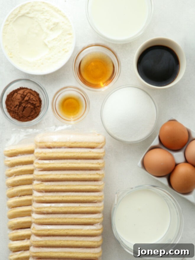 Timeless Italian Tiramisu 5 Tiramisu ingredients measured out and ready to use, showcasing the key components of the dessert.