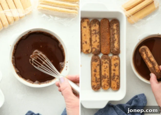 Timeless Italian Tiramisu 7 Ladyfingers being dipped in a coffee mixture, showcasing the process of soaking the cookies for that signature tiramisu flavor.