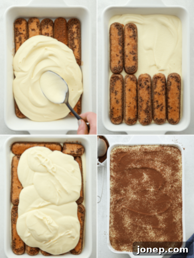 Timeless Italian Tiramisu 8 The step-by-step layering process of tiramisu in a dish, illustrating how the ladyfingers and mascarpone cream come together.